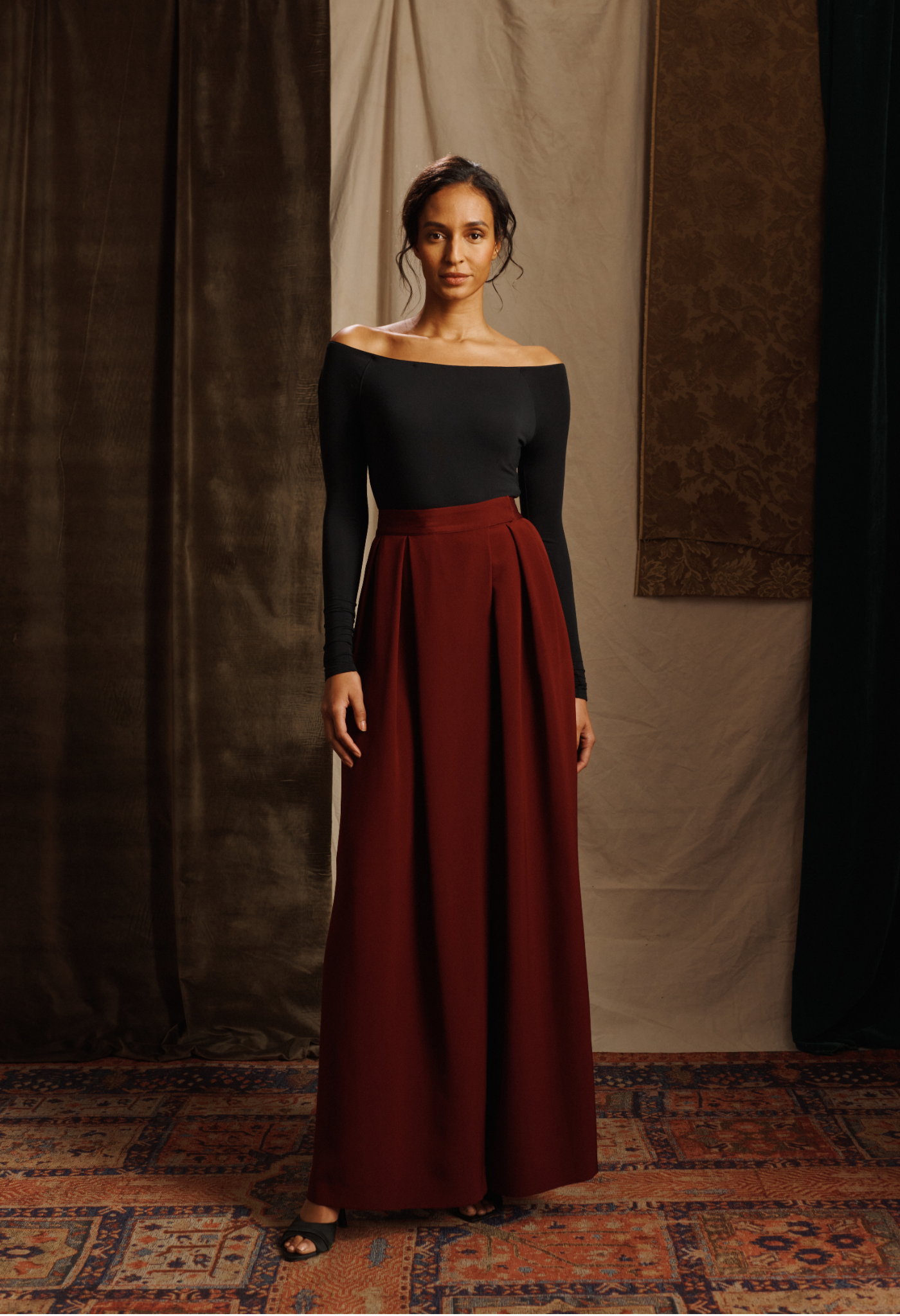 Silk Crepe Pleated Wide Leg Pants