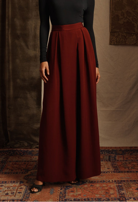 Silk Crepe Pleated Wide Leg Pants
